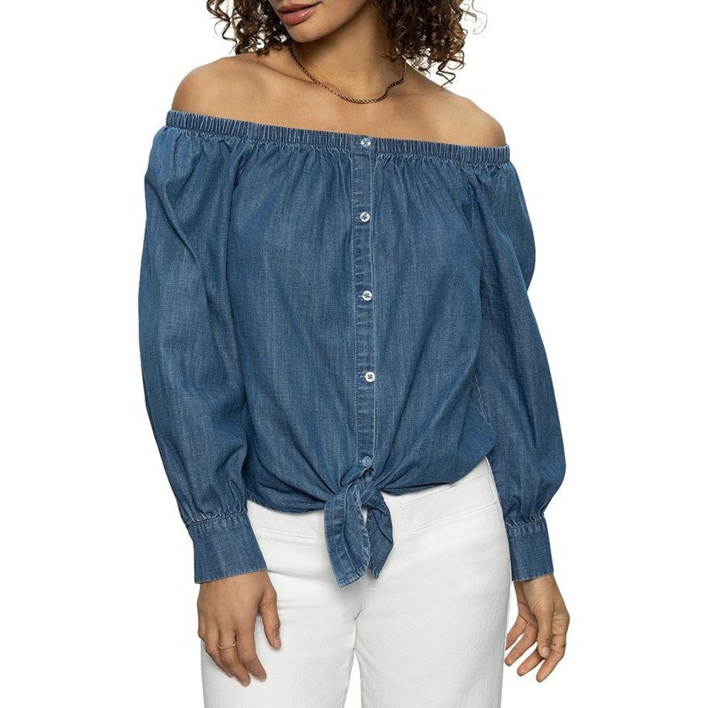 Sanctuary Off‎ Shoulder Tencel Tie Top Womens XS Blue Boho Western Boho $89 NWT